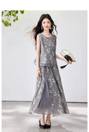 VIMLY Chinese Style Floral Print Skirt Set Women 2026 Summer Outfit Sleeveless Top Maxi Skirt Lady Two Piece Clothing Set A6121