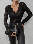 Women Long Sleeve Sheer Mesh Blouse Sexy See Through V Neck Floral Lace Shirt Y2K Daily Wear Street Dating Night Club Party Tops
