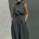 Sleeveless top+wide leg pants summer casual two-piece set elegant and loose office set high street pocket women's set