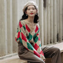Cardigan Tricô Xadrez Feminino Estilo Coreano - Decote V Outono Inverno 2025