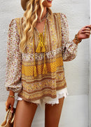 Boho lnspired Pink Floral Blouse Women V-neck Tassel Long Sleeve Bohemian Women Tops New Summer Fashion  Blouse Shirt For Women