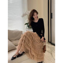 Elegant Multi-Layered Tulle Skirt Long Dress Women's Autumn Winter High Waist Cake Skirt Style Slimming Elegant Midi Skirt