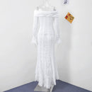 Vestido Longo Feminino com Estampa de Conchas e Manga Flare - Sexy Costas Abertas Renda Cor Sólida Gola Redonda