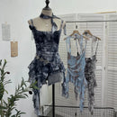 Women's Vintage Tie-dye Printed Mesh Spaghetti Strap Camisole Hot Girl Irregular Ruffled Ribbon Sleeveless Top Partyclub 1185