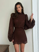 2026 New Women's Long Sleeve Design Fashion Openwork Lace Miniskirt Elegant Temperament Autumn Party Banquet Evening Dress